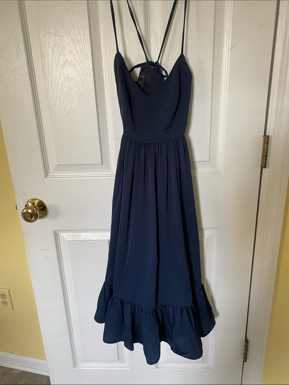 J Crew Navy Spaghetti-Strap Midi Dress with Ruffle Hem